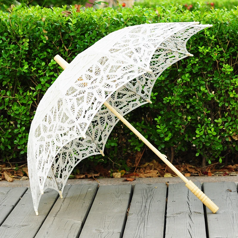 2024 Summer Vintage Lace Umbrella Parasol For Birde High Quality Lace Wood Handle Womens Wedding Sun Umbrella Sombrillas Boda