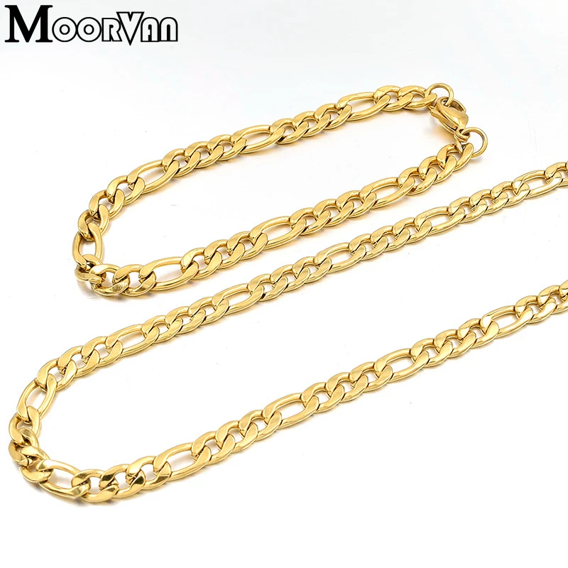 Moorvan Men\'s Stainless Steel Jewelry Set Hiphop Rock NK Figaro Chain Bracelet/Necklace Sets Man\'s Jewelry 6MM Width VBD14