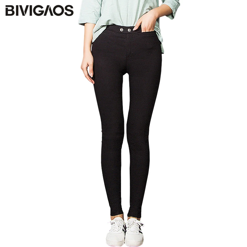 BIVIGAOS Fall Women Pencil Pants High Quality Elastic Woven Push Up Pants Two Buckle Black Leggings Skinny Slim Trousers Women