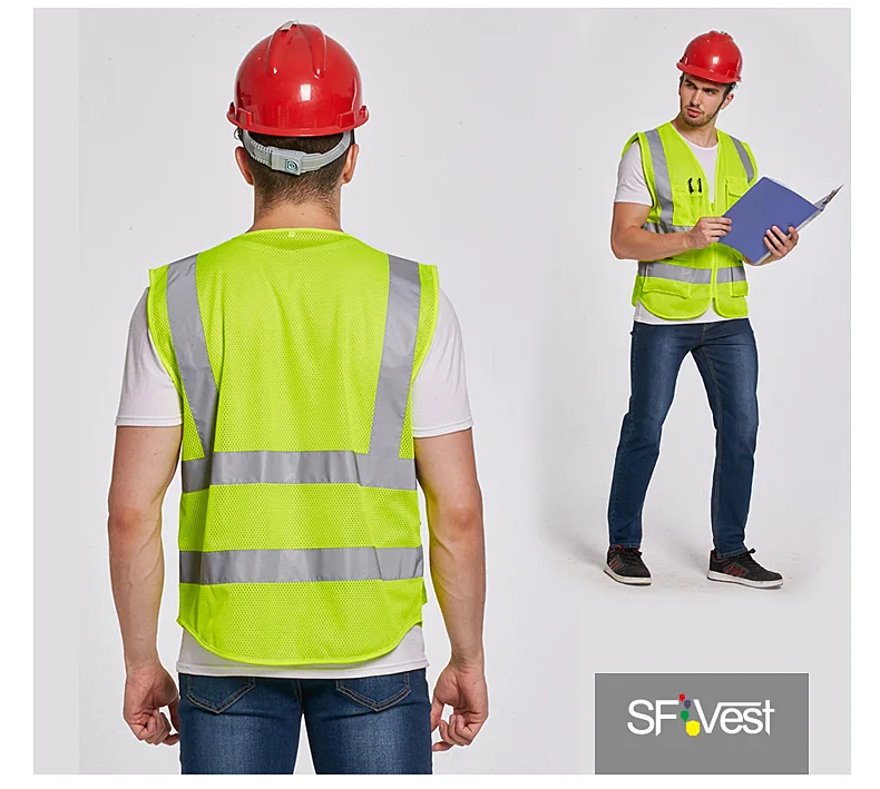 

High visibility yellow safety vest with pockets company logo printing