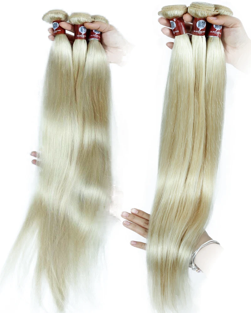 Queenking Haar Braziliaanse Steil Haar Bundels Weave Platinum Blonde #60 Kleur Remy Human Hair Extensions 12-28 Inch