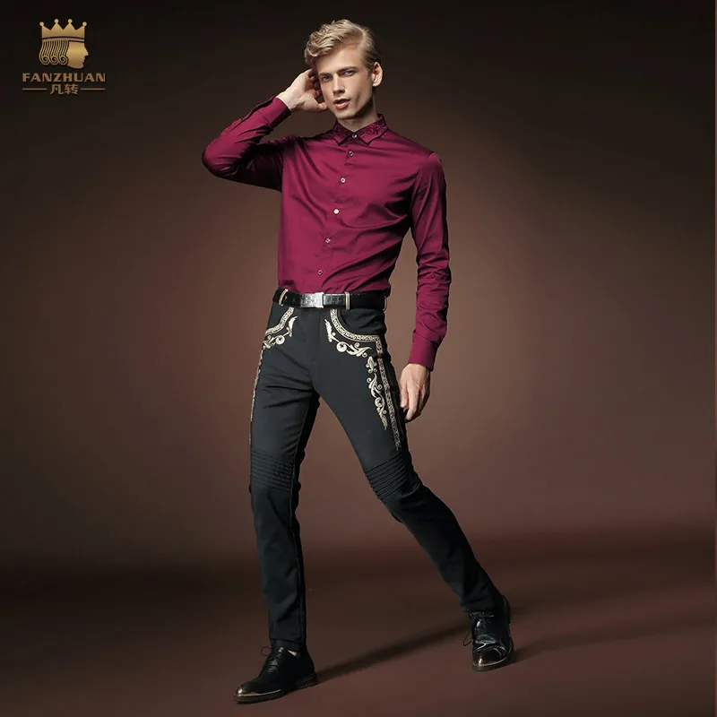 FANZHUAN Free Shipping New fashion male autumn trousers men\'s embroidery jeans Floral Printed Ruffle skiny black pants 518017