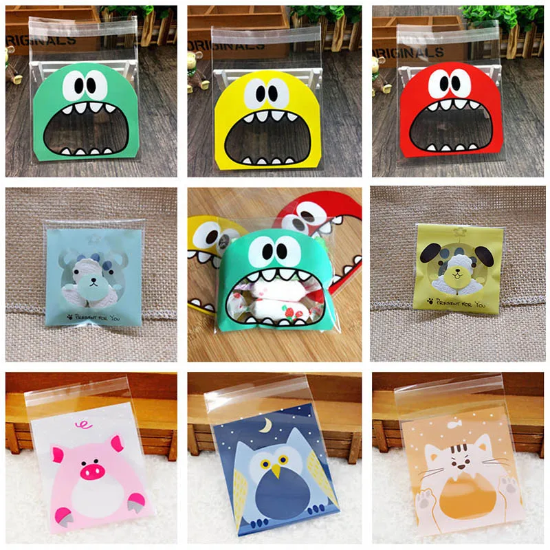 7x7 10x10cm 50Pcs Plastic Bags Cute Cartoon Gifts Bags for Birthday Party Cookies Packaging Supplies Adhesive Biscuits Candy Bag