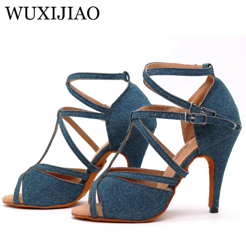 WUXIJIAO Denim Fabric Women Professional Latin Dance Shoes Salsa Ballroom Samba Dance Shoes Ladies High Heels Soft Heel 5-10cm