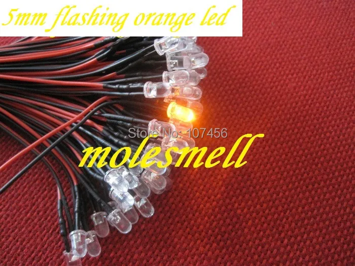 

Free shipping 100pcs 5mm 5v Flashing Orange LED Lamp Light Set Pre-Wired 5mm 5V DC Wired blinking orange led amber led