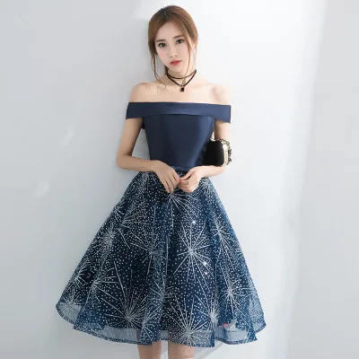 Robe de soirée courte bleu marine, Unique, élégante robe de bal, épaules dénudées, robes de fête formelles, turquie, boutique en ligne, 2019