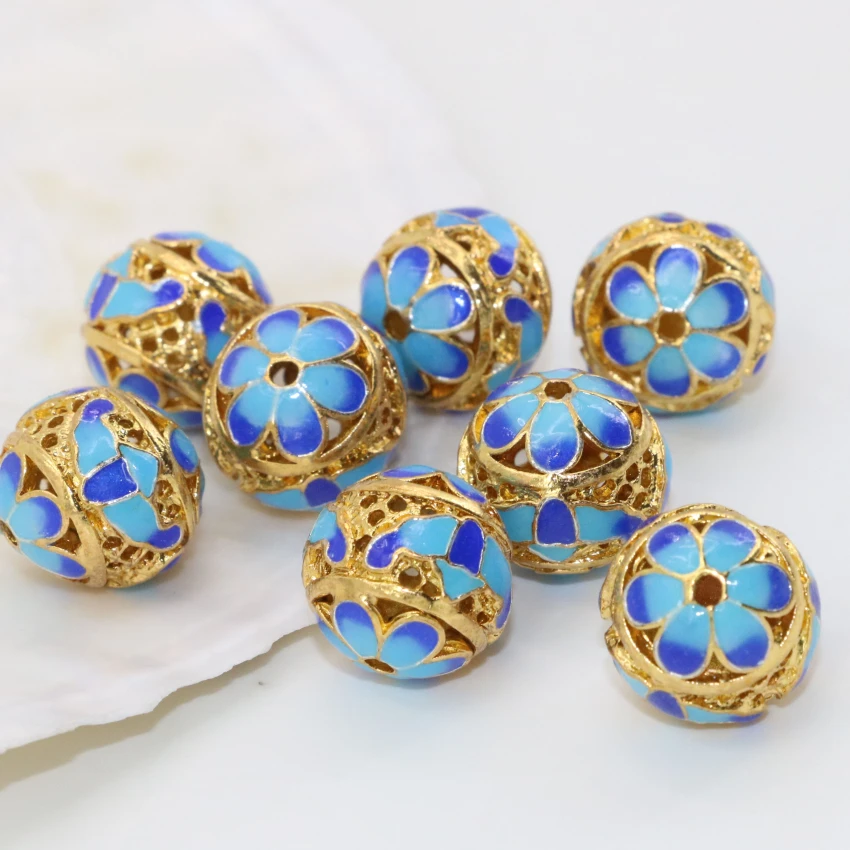 14mm round ball spacers beads gold-color enamel cloisonne accessories 5pcs wholesale price diy elegant jewelry findings B2517