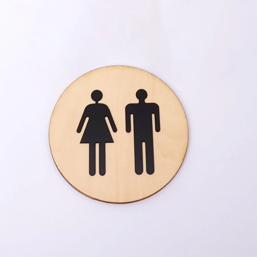 4mm Wooden Round Toilet Door Sign Bathroom WC Acrylic 3d Black Gold Silver Mirror Surface Wall Sticker Home Decor Favor