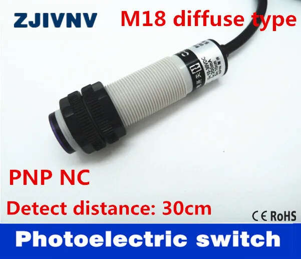 

M18 diffuse type PNP NC DC 3 wires photoelectric sensor normally close switch distance 30cm adjustable reflectance laser switch