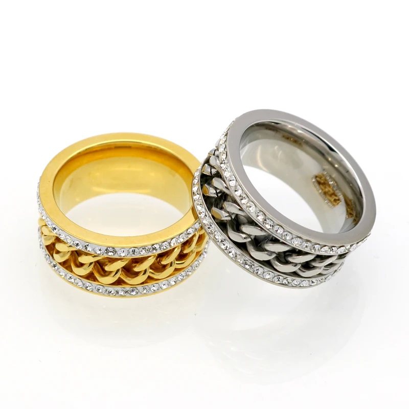 Fashion Men And Women Titanium Steel Ring High Quality Gold Color Crystal Rings Chain Decorated Stainless Steel Rings For Men