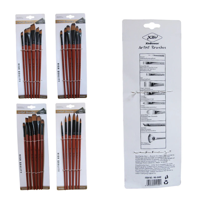 Sikat Nilon untuk Cat Minyak untuk Rambut Bulat Datar Akrilik Sikat untuk Kreativitas, felt-Tip Pen untuk Pemula, 6 Buah/Set