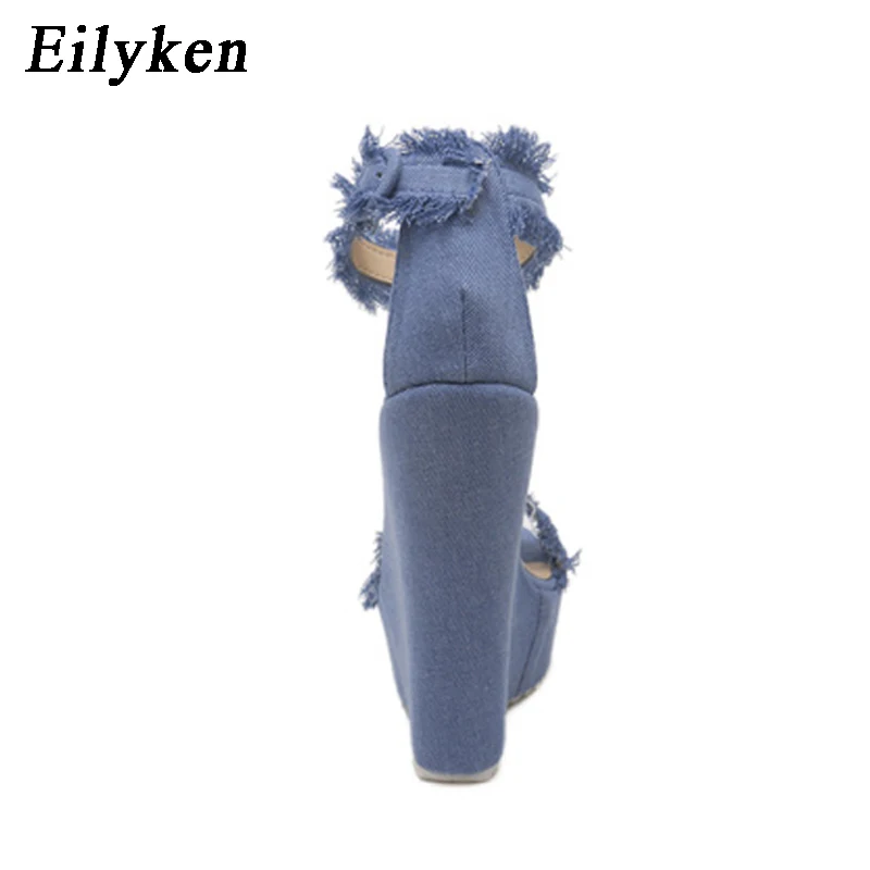 Eilyken Designer Roman Denim Sandals Summer Woman High Quality Wedges High Heels Peep Toe Platform Shoes