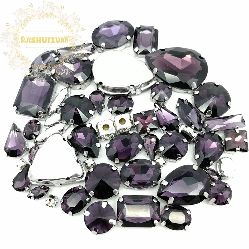 52pcs 23sizes 10shapes MIX Deep Purple Size Crystal Glass Sew-on Rhinestones silvery Bottom DIY Women's Dresses sijishuizuan