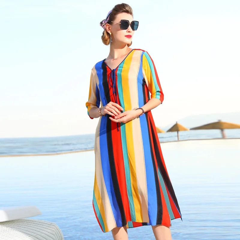 

silk floral plus size summer dress women's sexy club retro beach dresses 2019 gown loose rainbow Stripe Printed flower