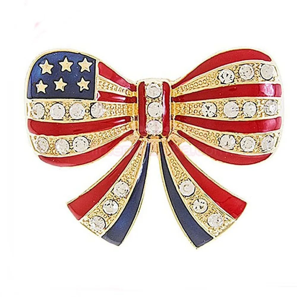 American Stars and Stripes Flag Shape Bow Enamel Brooch America Patriotic Brooches for USA  Decoration