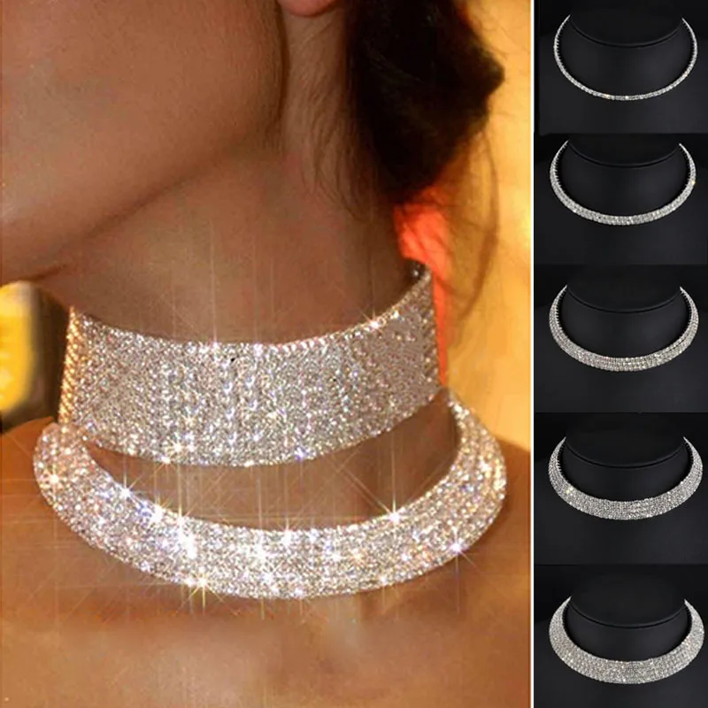 TREAZY Sparkling Silver Color Crystal Collar Chain Choker Necklace Bridal Wedding Party Diamante Rhinestone Choker Jewelry Gifts