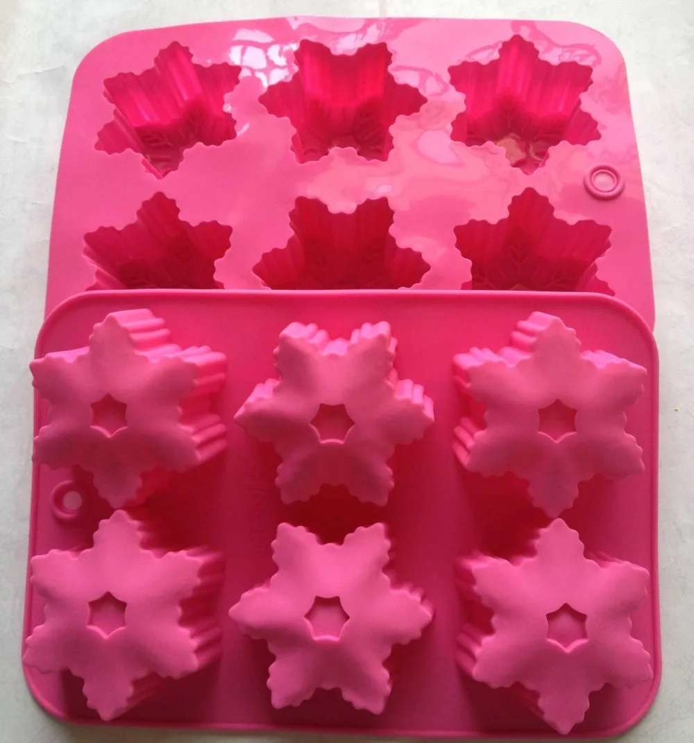 6 Cup Snowflakes Mould, Muffin Biscuit Soap CANDLE mold, ice cube tray 25.5*17.2*3.7cm, Each dia. 6.5cm