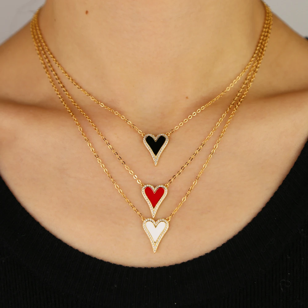 Delicate Shiny Micro Pave Cz White Red Black Cute Heart Shape Pendant Necklace For Women Girl Lovely Charm Fashion Jewelry