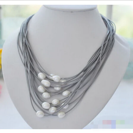 

FREE SHIPPING P3887 15row 20" 13mm white rice pearl gray leather necklace ^^^@^Noble style Natural Fine jewe &