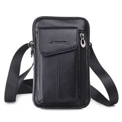 Men Genuine Leather Shoulder Small Messenger Fanny Bags Purse Fashion Cross Body Belt Pack Male Hook Cell Phone Case Waist Bag