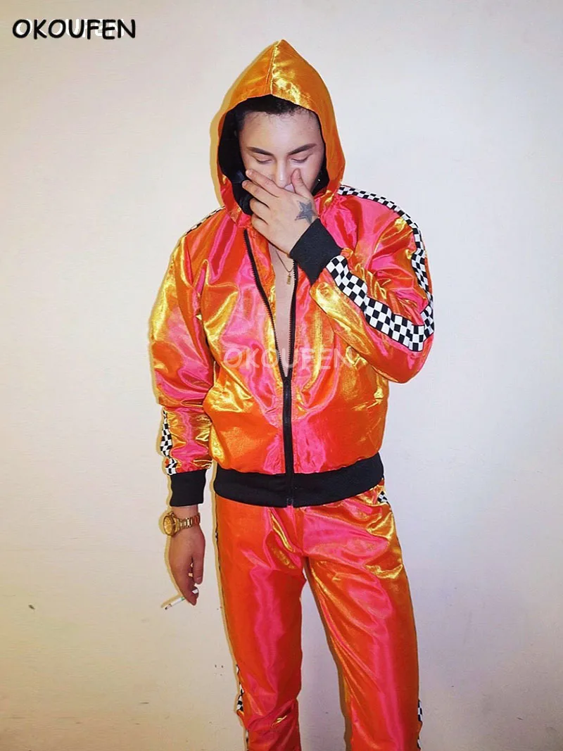 New Fashion Orange colorful Hip hop Jacket Pants Costumes Nightclub bar male singer stage show dancer performance clothing