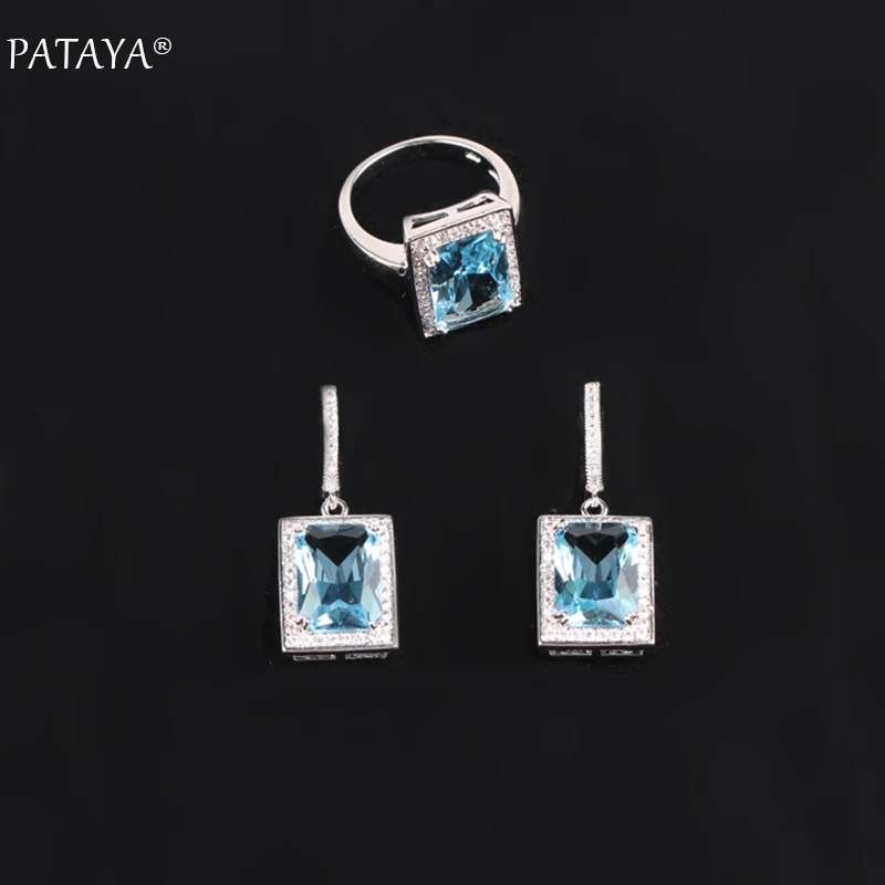 PATAYA New Fashion Jewelry Sets True White Gold Color Blue Natural Zircon Ring Earrings Sets Wedding Decoration Fine Jewelry Set