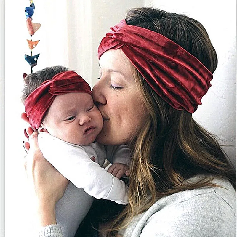 

2PCS/Set of Mama and Baby Velvet Elastic Wide Cross Hairband Turban Knot Flower Headband baby hair accessories