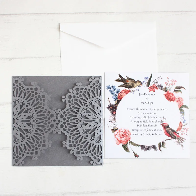 Grey wedding invitations set elegant laser invites offer sample customized printing 50pcs