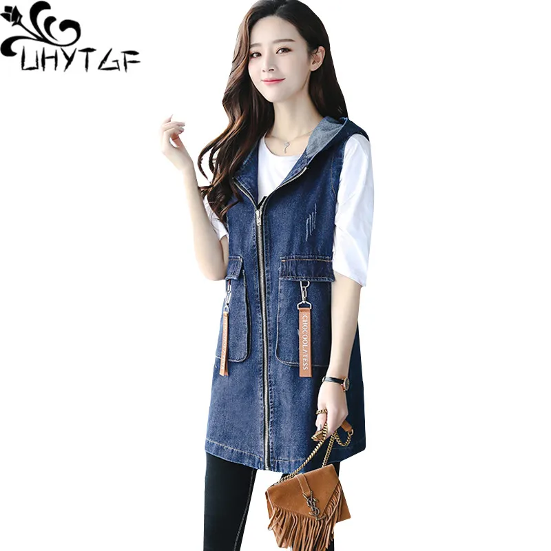 

UHYTGF New Ladies Spring Autumn Denim Vest Jacket Fashion Hooded Sleeveless Slim Female Waistcoat S-3XL Big Size Coat Women 220