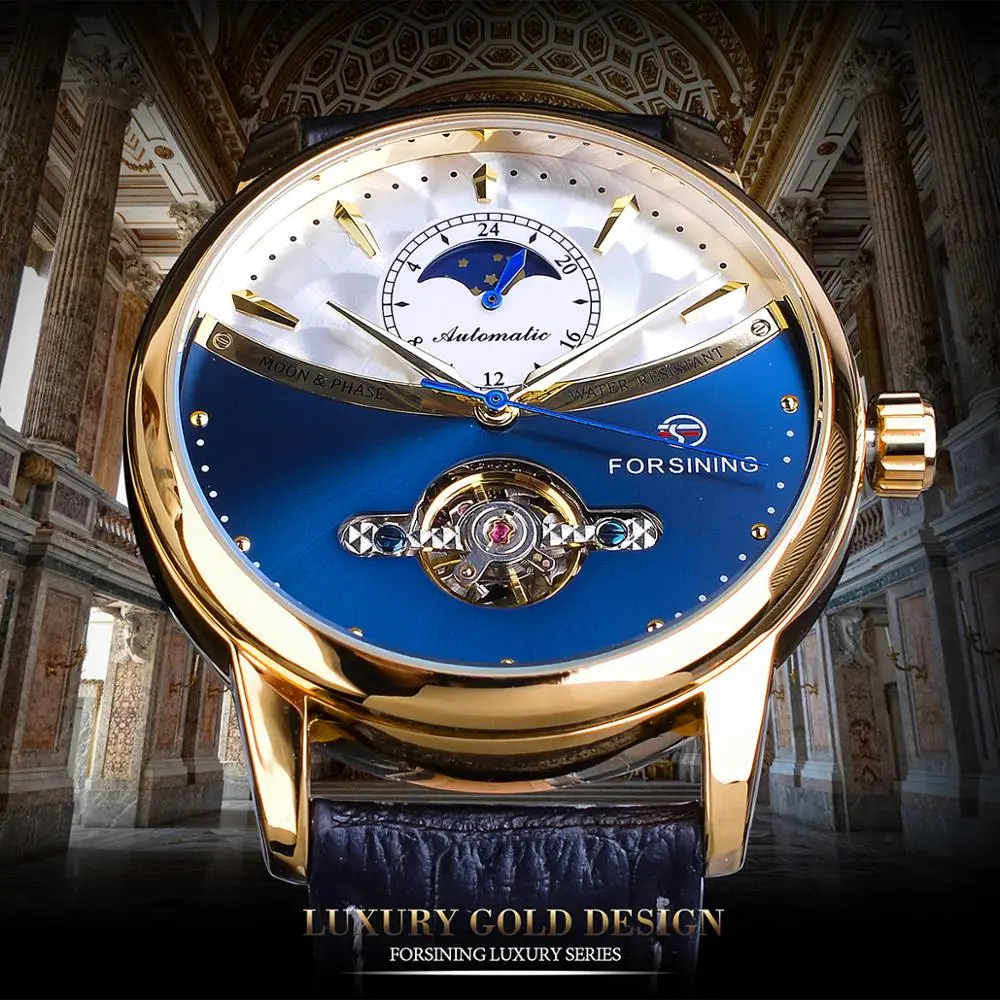 Imagem -02 - Forsining Tourbillon Azul Relógio Automático Homens Clássico Moonphase Design de Couro Genuíno Banda de Negócios à Prova d Água Relógio de Pulso Presente