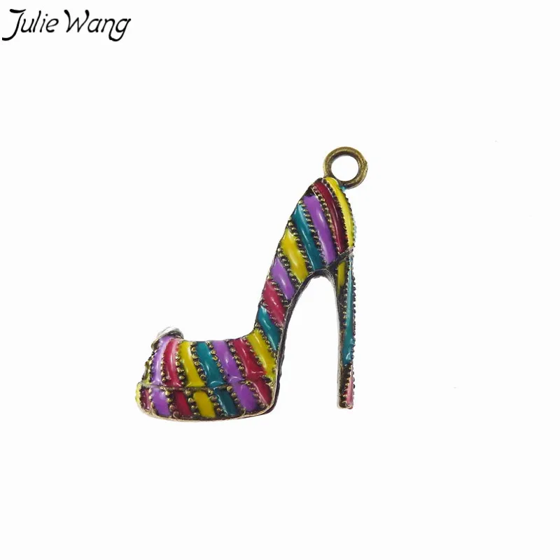 Julie Wang 4 PCS Esmalte Amuletos de Salto Alto Liga Colorida Sapatos Femininos Forma Pingente Artesanal Moda Jóias Fazendo Acessório