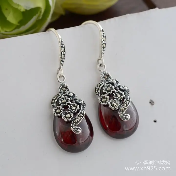 925 Sterling Silver Jewelry Thai Restoring Ancient Ways Water Droplets Red Pomegranate Barren Woman Earrings