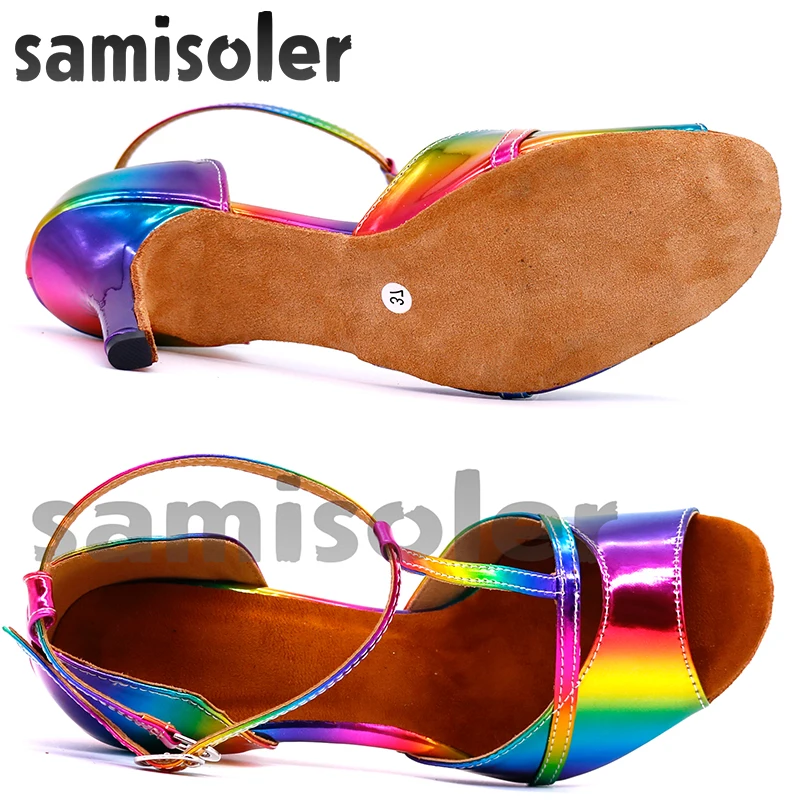 Samisoler Latin Dance Shoes Rainbow Colors bright PU Women\'s Salsa elegant Ballroom dancing shoes soft tango dance shoes heel