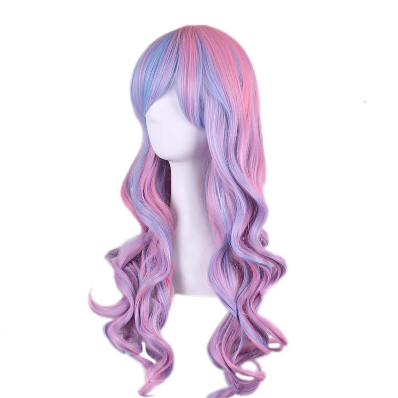 WoodFestival Synthetic Wig With Bangs Pink Party Cosplay Wigs For Women Long Hair Colored Rainbow Red Blue Brown Female Wavy