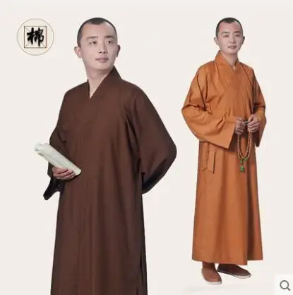 Men Buddhist Monk Robes Shaolin Long Gown Spring Meditation Chinese Zen Vintage Cotton Yellow