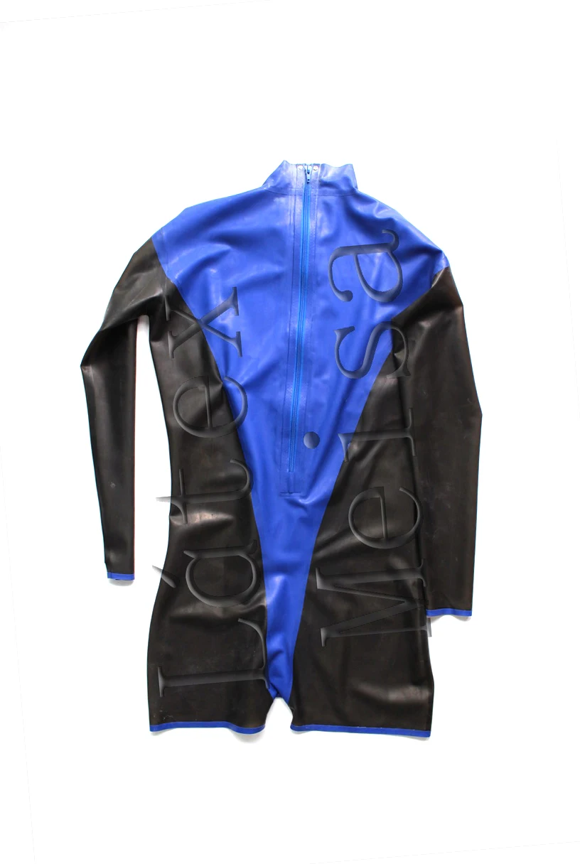 Men's long sleeve rubber catsuit latex tracking suit attached back zippers to waist main in blue with black trim color