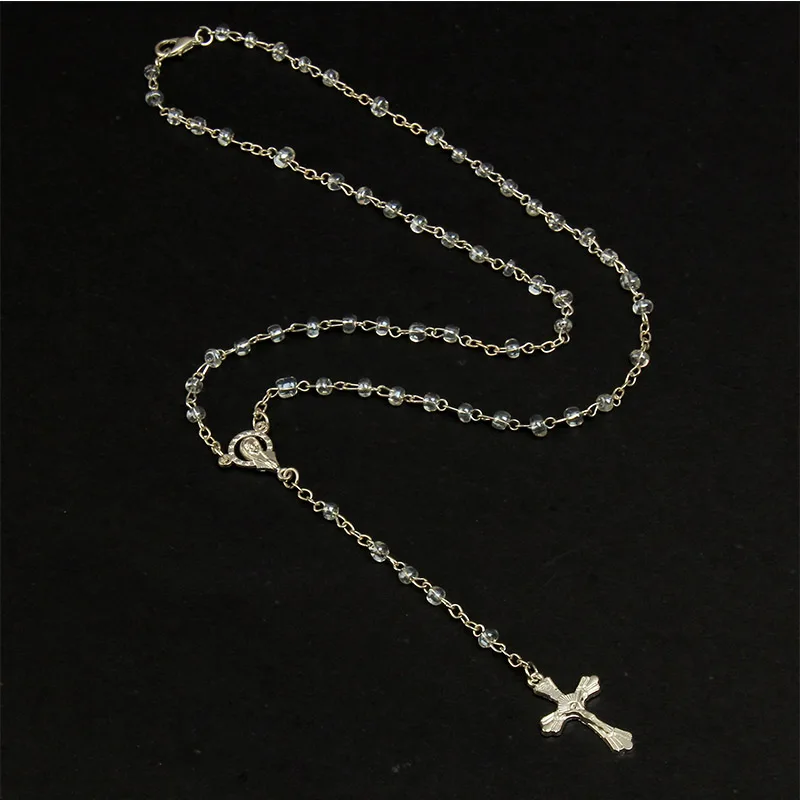 Glass Pearl Rosary Necklace Jesus Christ Cross Pendant Necklace Long Chain Men\'s and Women\'s Virgin Mary Christian Fashion Jewel