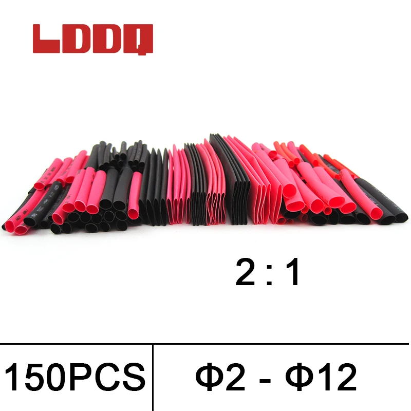 LDDQ 150pcs black and red  Polyolefin 2:1 Heat Shrink Tube 2mm 2.5mm  3.5mm 5mm 6mm 8mm 10mm 12mm  Cable Sleeving termoretractil