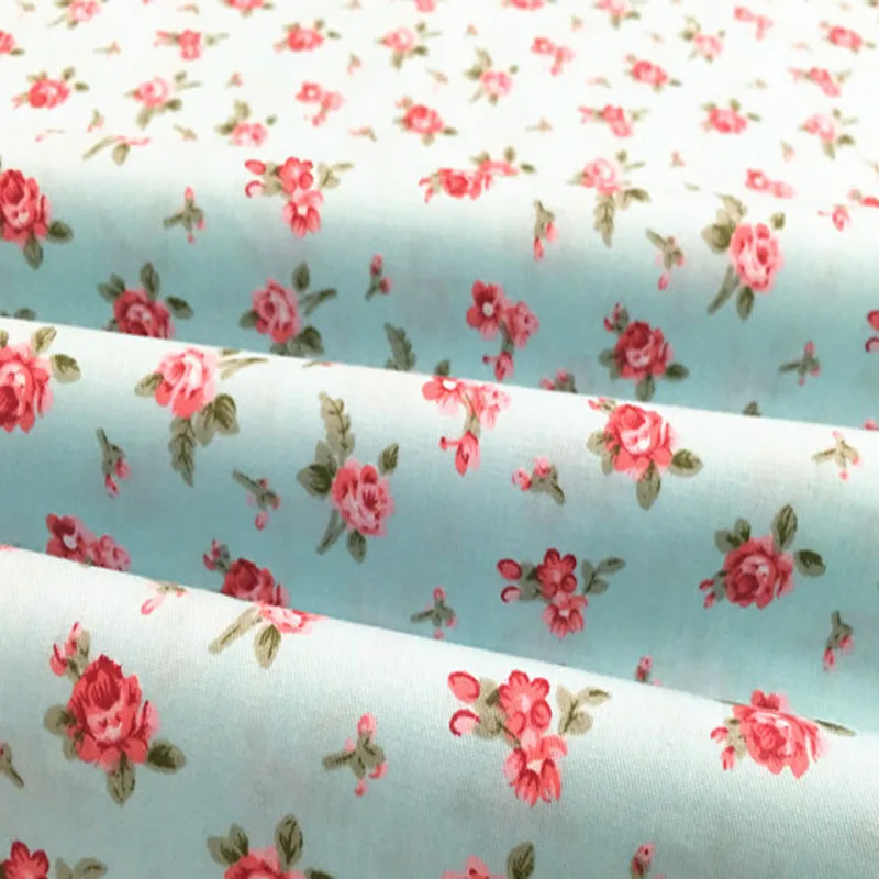 Pretty 50x160cm Blooming Blue White Red Rose Flowers Printed Cotton Fabric For DIY Sewing