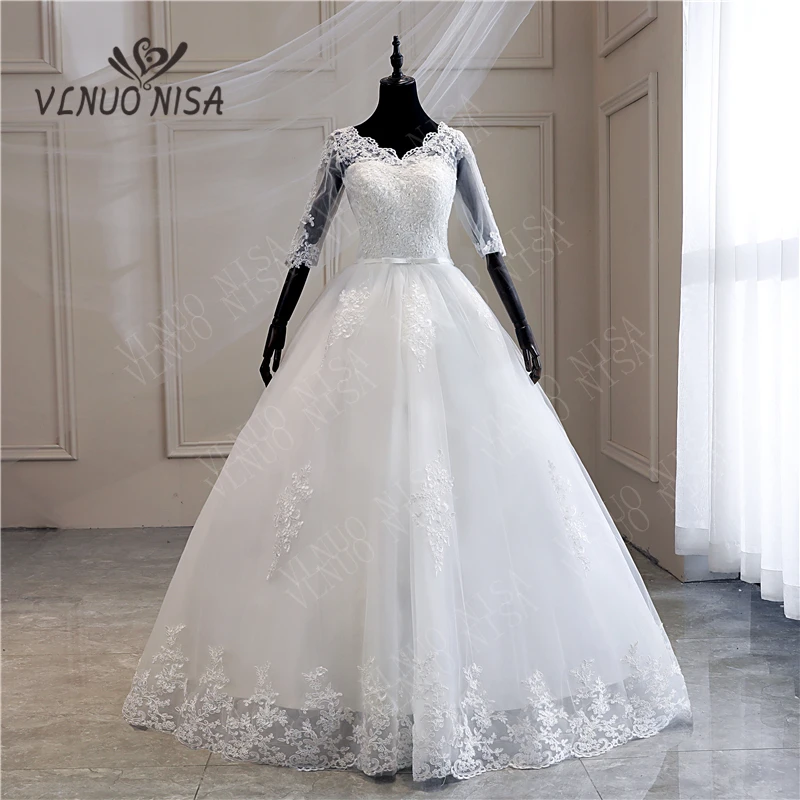 New Floor or Long Train Robe De Mariee Grande Taille Wedding Dress Appliques Lace V-Neck Half Sleeve Princess Vintage Bride Gown