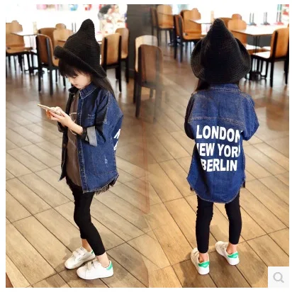 

Autumn children after the letter water washed denim shirts design long trench girls outerwear