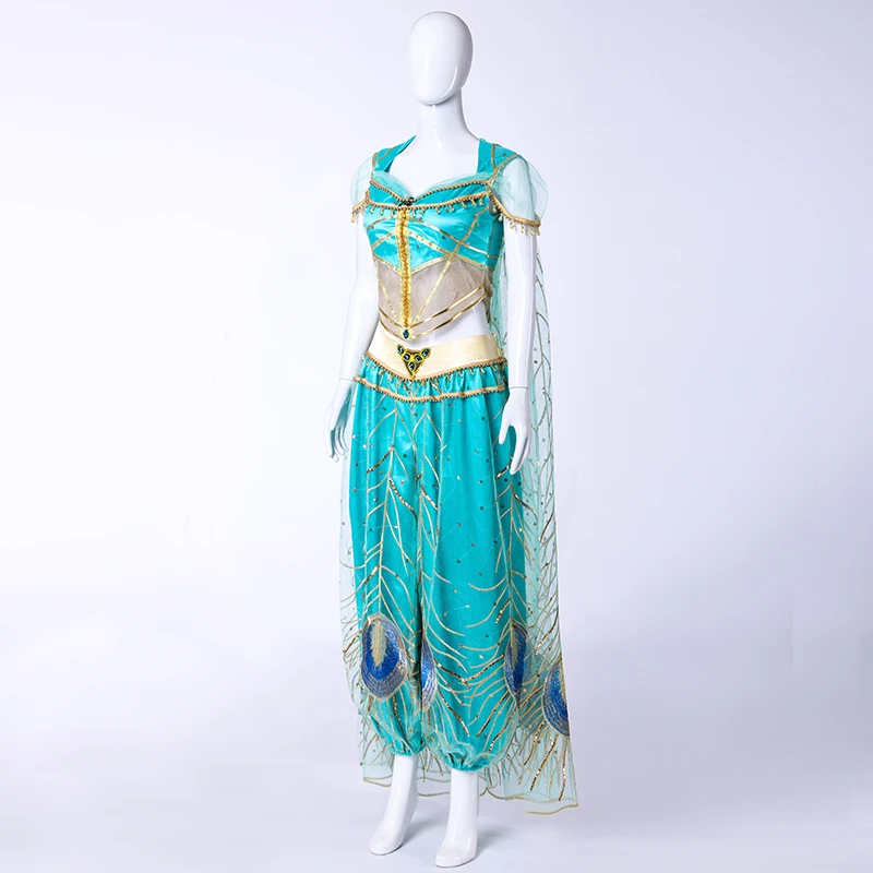 New Movie Aladdin Jasmine Princess Cosplay Costume Adult Women Girls Halloween Costume Peacock Embroidery Sexy Dance Dress