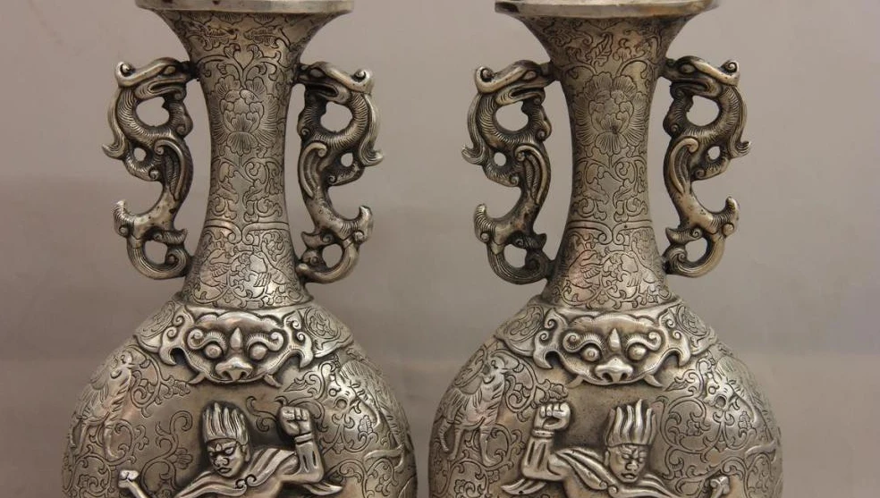 China White Copper Silver Dragon Wild animal Tiger Warrior Pot Bottle Vase Pair