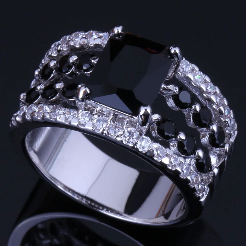 Prominent Rectangle Black Cubic Zirconia White CZ Silver Plated Ring V0457