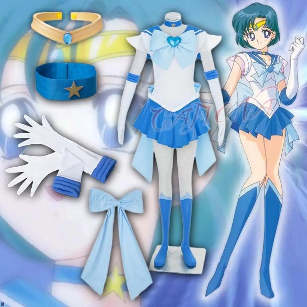 Cafiona Anime Sailor Gilrs Ami Mizuno Sailor Mercury Cosplay Costume Lovely Girls Dress Set Women Halloween Costumes Pluse Size