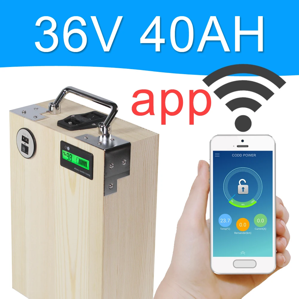 

APP 36V 40AH Electric bike LiFePO4 Battery Pack Phone control Electric bicycle Scooter ebike Power 1600W Wood