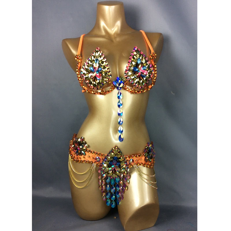 New Sexy Samba Carnival Wire Bra & Belt Rainbow stones C014 free shipping