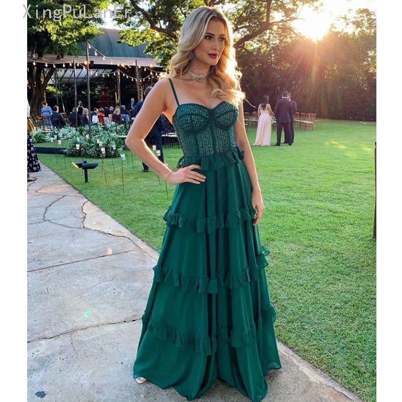 Vestido largo de gasa verde con tirantes finos para mujer, traje Sexy con corsé largo para fiesta de noche