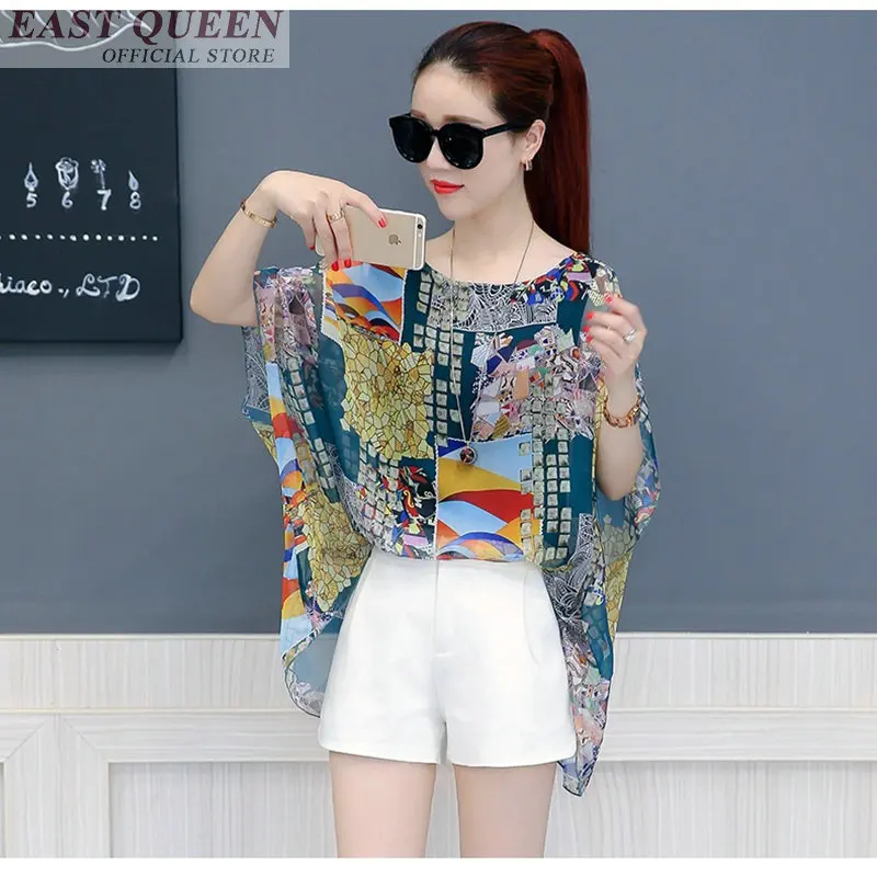 Women summer blouse 2018 feminine shirts spliced fashion o-neck short batwing sleeve floral print chiffon blouse tops DD594 L