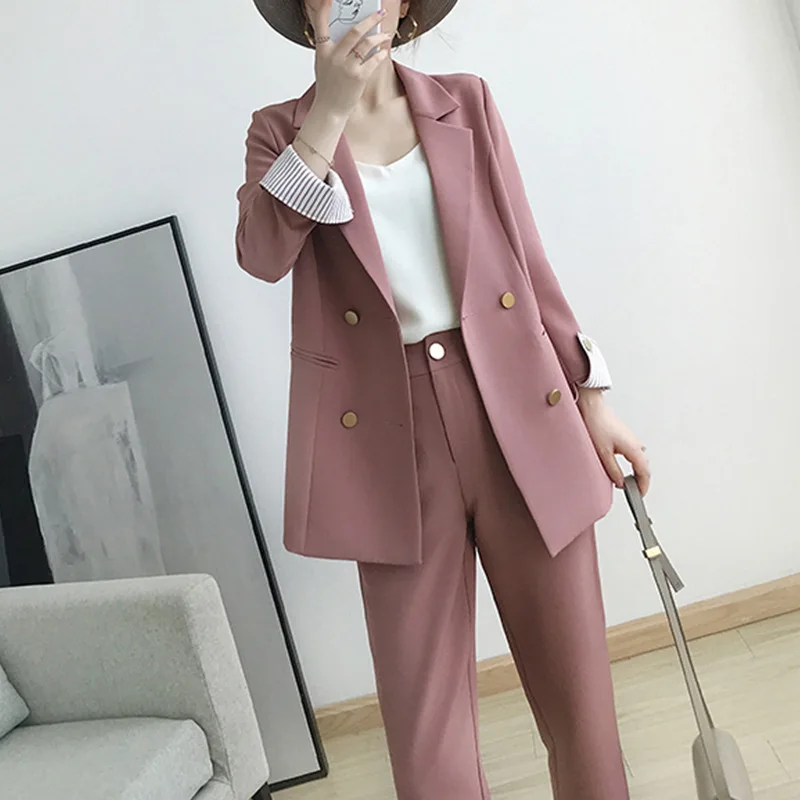 Blazer e pantaloni a maniche lunghe doppiopetto da donna, completi da lavoro, giacca oversize, set da 2 pezzi OL